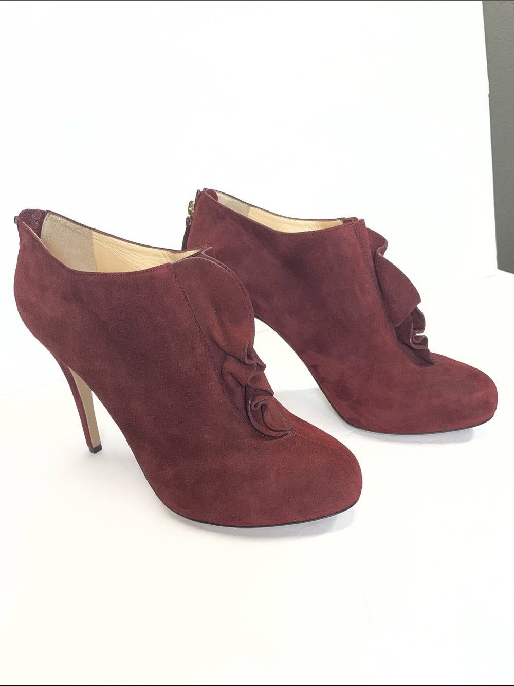 Valentino Garavani Burgundy Suede Ruffle Ankle Booties with Heel